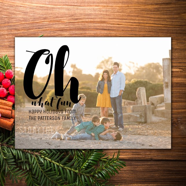 Black Oh What Roligt Helgdag Photo Flat Card Julkort (Black Oh What Fun Holiday Photo Card)
