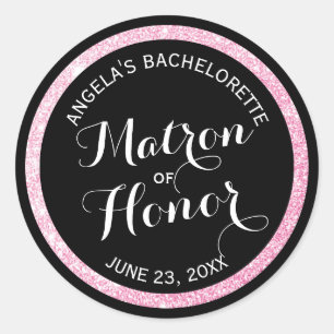 Black on Rosa Glitter Matron of Honor Bachelorette Runt Klistermärke
