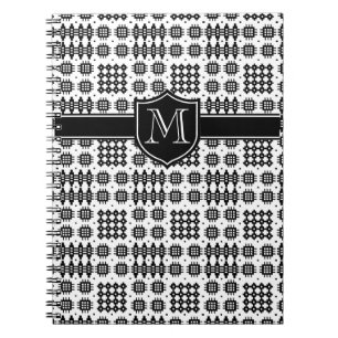 Black on White Monogrammed Welsh Faux Tapestry Anteckningsbok Med Spiral