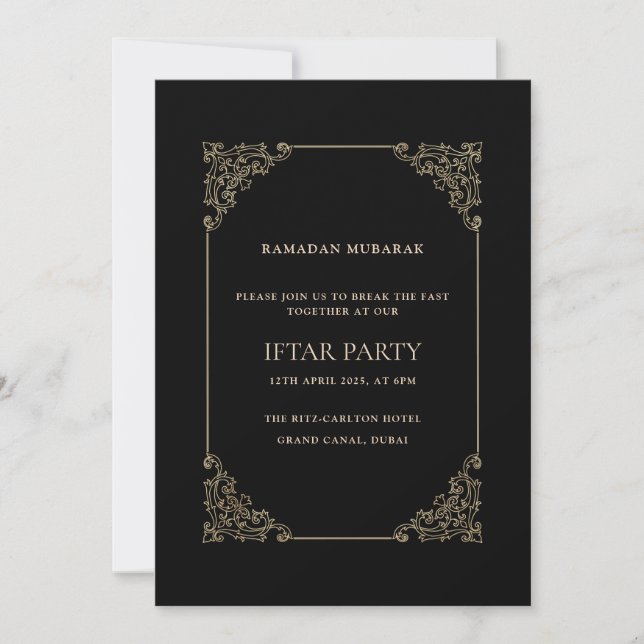Black Opulent Baroque Frame Script Iftar Party Inbjudningar (Framsida)