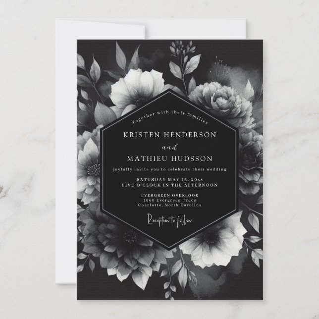 Black Opulent Floral Romance Wedding Inbjudningar (Framsida)