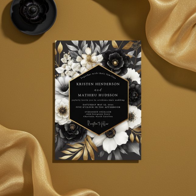 Black Opulent Floral Wedding Inbjudningar (Skapare uppladdad)