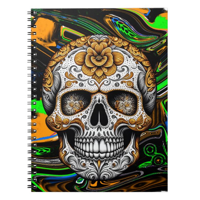 Black Orange and Lime Green Sugar Skull Art Anteckningsbok (Framsidan)