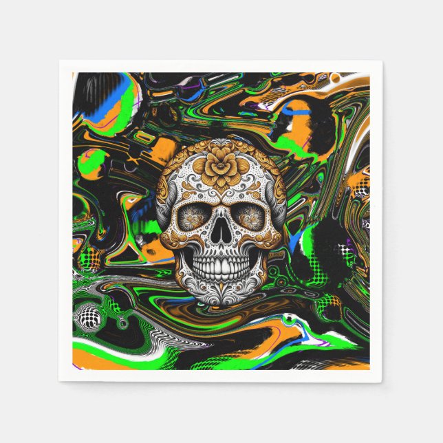 Black Orange and Lime Green Sugar Skull Art Pappersservett (Framsidan)