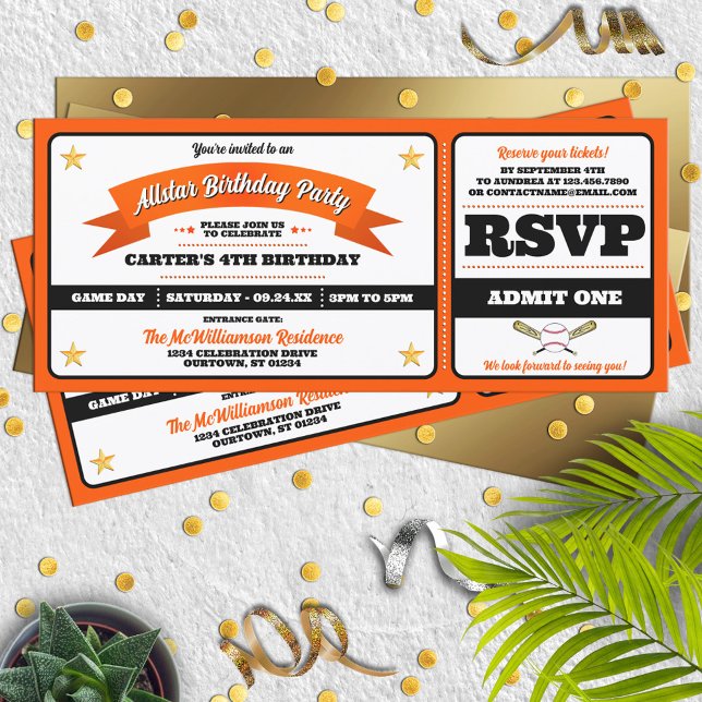 Black & Orange Baseball Allstar Ticket Birthday Inbjudningar (Skapare uppladdad)
