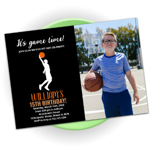 Black Orange Basketball Birthday med foto Inbjudningar