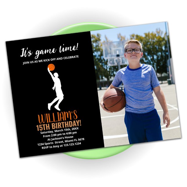 Black Orange Basketball Birthday med foto Inbjudningar (Skapare uppladdad)