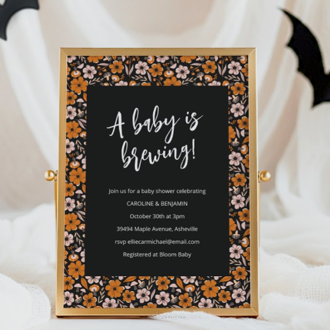 Black Orange Blommigt Brewing Halloween Baby Showe Inbjudningar (Skapare uppladdad)