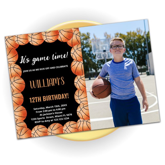Black Orange Bollar Basketball Birthday med foto Inbjudningar (Skapare uppladdad)