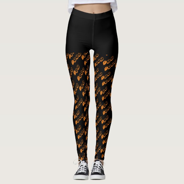 Black Orange Boo Typography Mönster Halloween Leggings (Framsida)