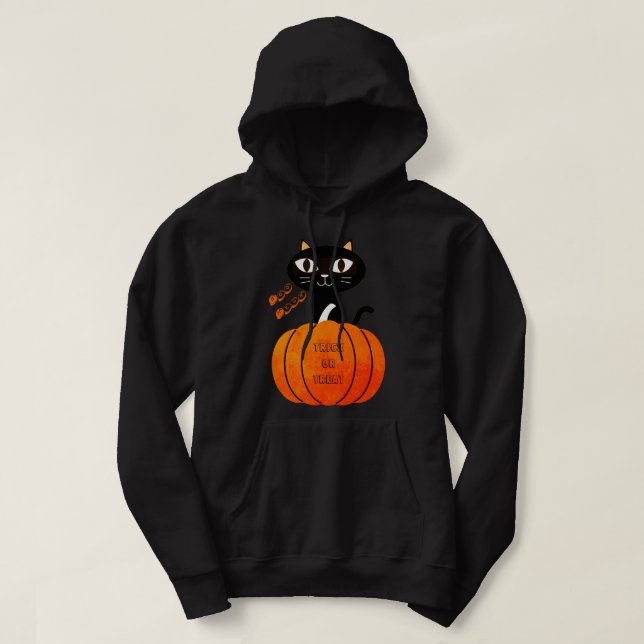 Black Orange Cat Pumpkin Bus eller godis Halloween Hoodie (Design framsida)