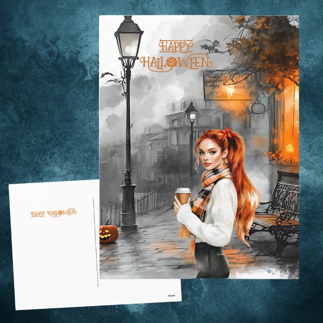 Black Orange Chic Girl Haunted Street Halloween Helg Vykort (Skapare uppladdad)