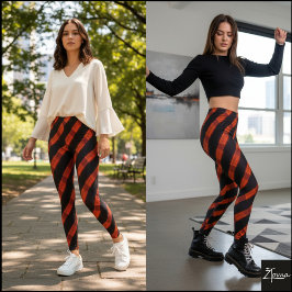 Black Orange Cyber Glitch Diagonal Stripe Leggings