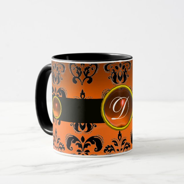 BLACK ORANGE DAMASK GEMSTONE MONOGRAM MUGG (Framsida vänster)