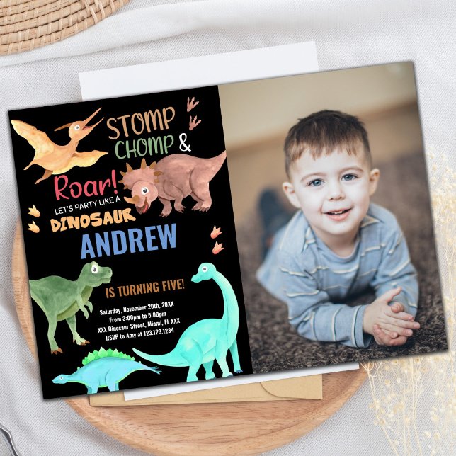 Black Orange Grönt Photo Dinosaur Birthday Inbjudningar (Black Orange Green Photo Dinosaur Birthday Invitation)