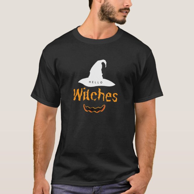 Black Orange Halloween Hej Witches Black Hat T Shirt (Framsida)