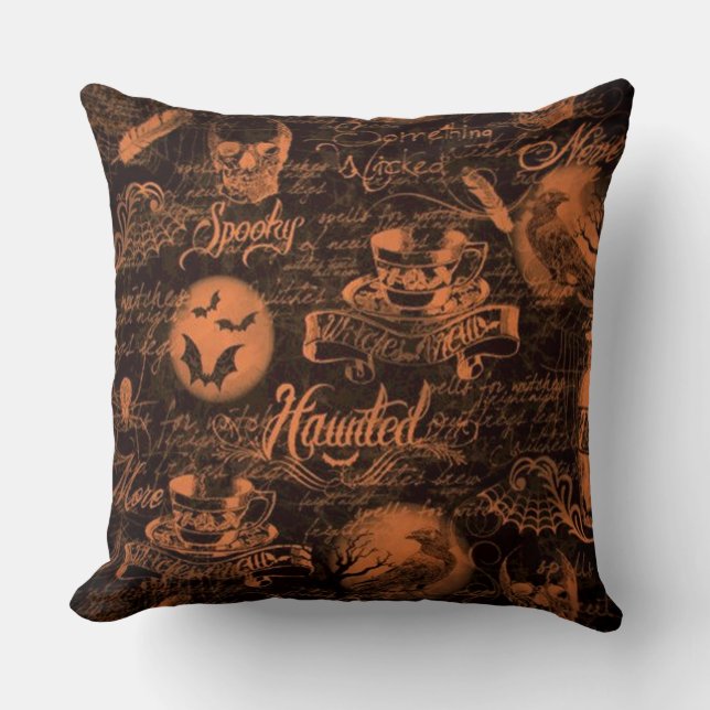 Black & Orange Haunted Halloween Kudde (Framsida)