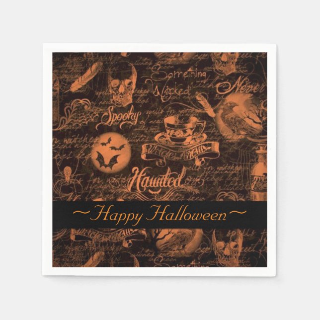 Black & Orange Haunted Halloween Napkins Pappersservett (Framsidan)