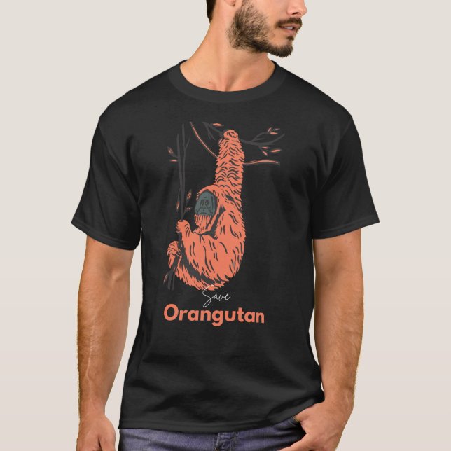 Black Orange Illustrated Spara Orangutan  T Shirt (Framsida)