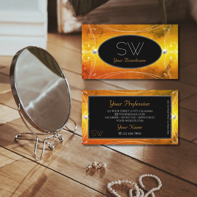 Black Orange Ornate Sparkling Diamonds Monogram Visitkort (Skapare uppladdad)