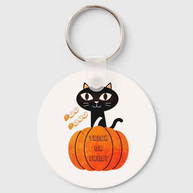 Black Orange Pumpkin Cat Cute Spooky Halloween Nyckelring (Framsida)