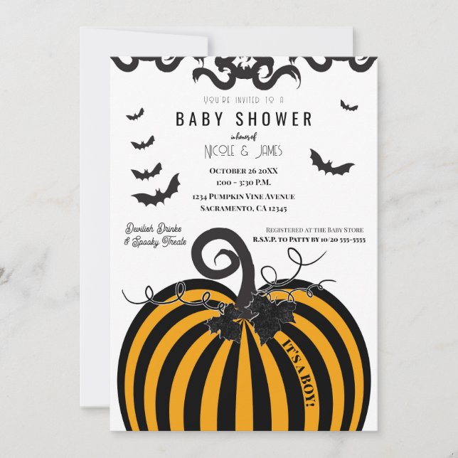 Black & Orange Pumpkin Halloween Baby Shower Inbjudningar (Framsida)