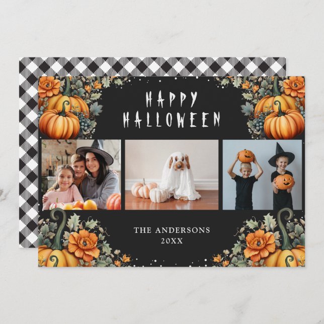 Black Orange Pumpkins Photo Happy halloween Card Julkort (Fram/baksida)