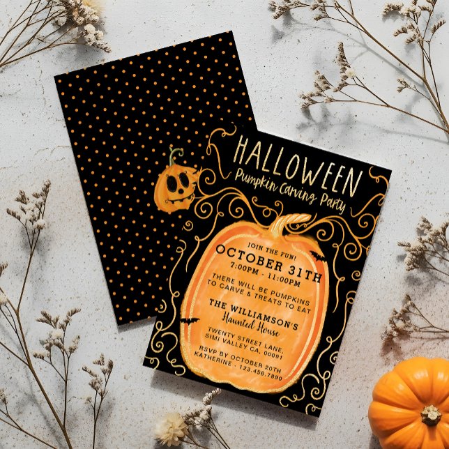 Black & Orange Roligt Halloween Pumpkin Carving Pa Inbjudningar (Black & Orange Fun Halloween Pumpkin Carving Party Invitation)