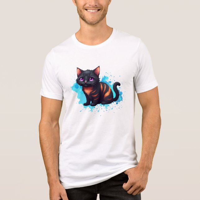Black Orange Stripe Cat med Lila Öga T Shirt (Framsida)