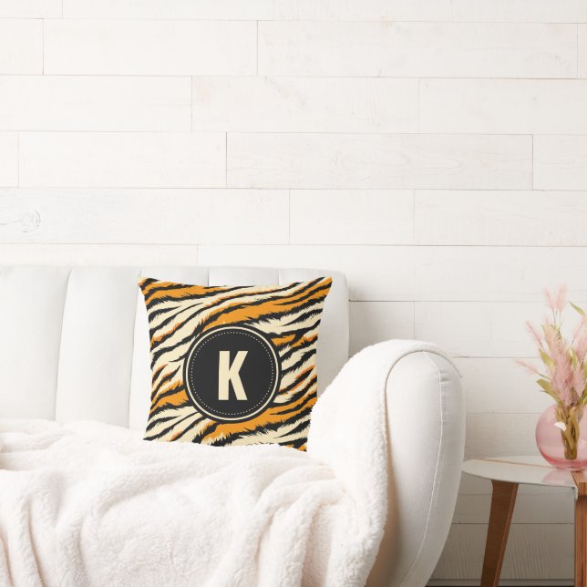 Black Orange Tiger Rand Mönster Monogram Kudde (Soffa)