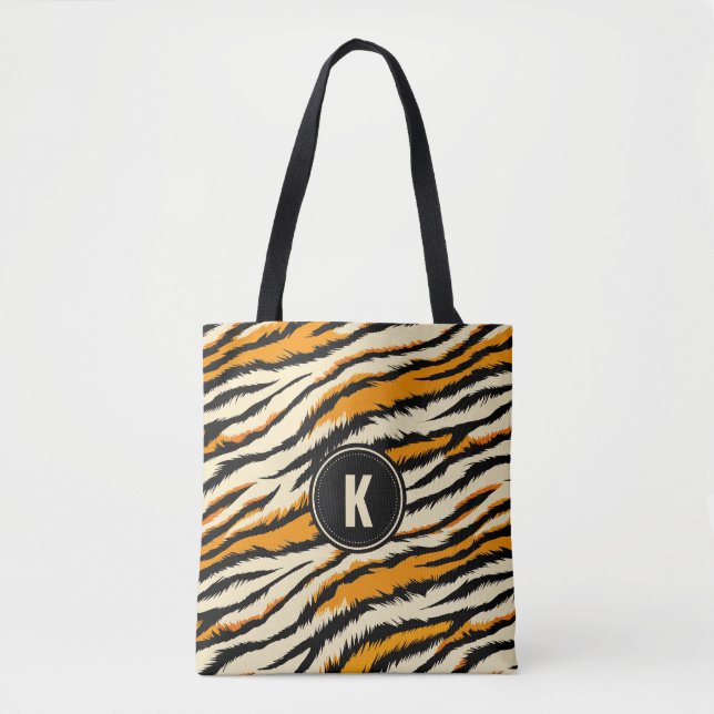 Black Orange Tiger Stripes Pattern Monogram Tygkasse (Framsida)
