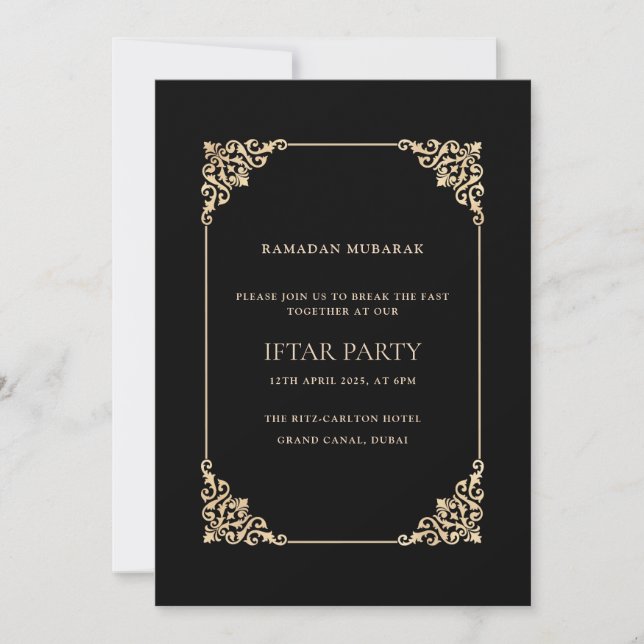 Black Ornate Baroque Gold Script Iftar Party Inbjudningar (Framsida)