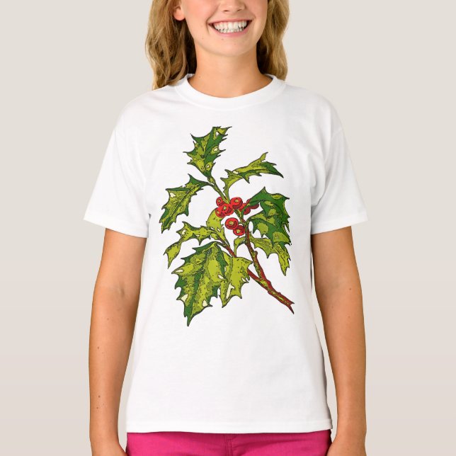 Black Outline Art Of Christmas Holly Cut Out T Shirt (Framsida)