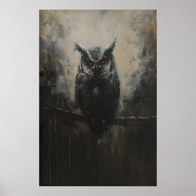 Black Owl with Red Eyes on Branch in Woodland Fore Poster (Framsidan)