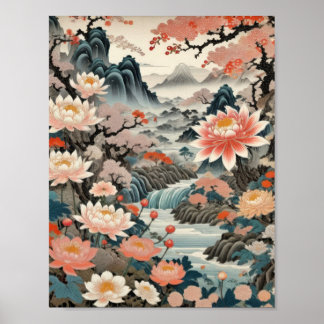 Bläck på rispapper traditionellt japanskt landskap poster