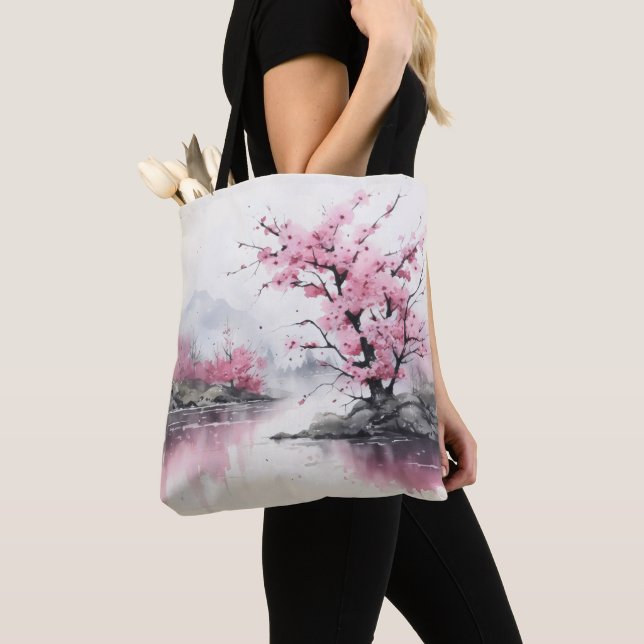 Bläck Painting Blooming Träd Tygkasse (Närbild)