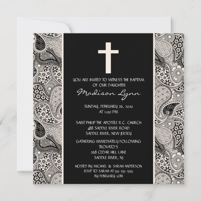 Black PAISLEY Baby Baptism Inledning Inbjudningar (Framsida)