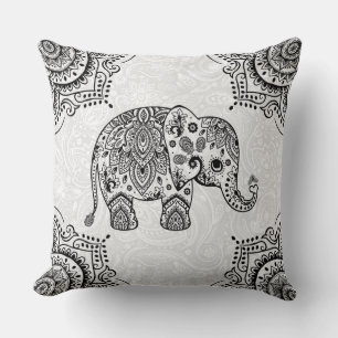 Black Paisley Elephant Illustration Kudde