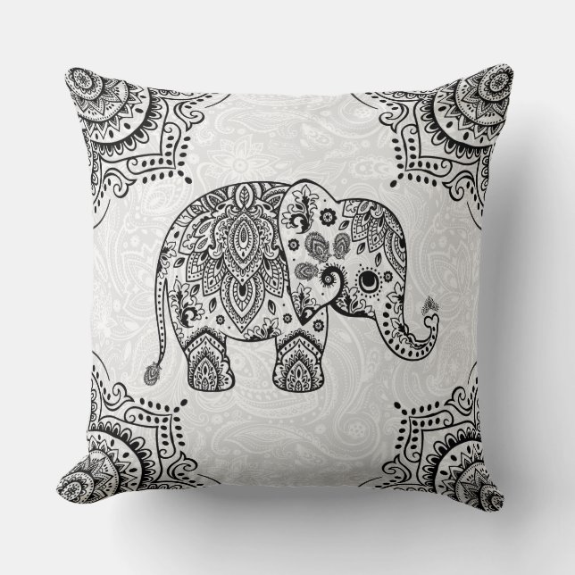 Black Paisley Elephant Illustration Kudde (Framsida)
