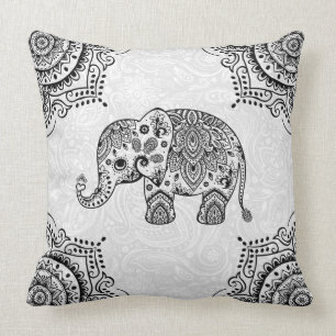 Black Paisley Elephant Illustration Kudde