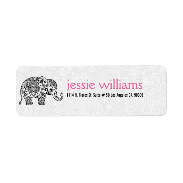 Black Paisley Elephant Illustration Returadress Etikett (Framsidan)