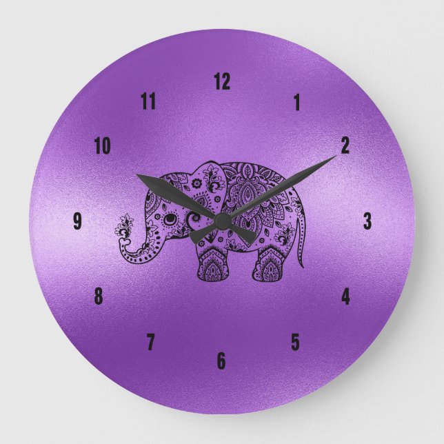 Black Paisley Elephant Shiny Lila Background Stor Klocka (Framsida)
