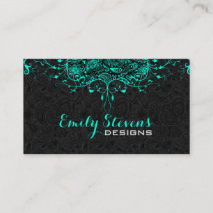 Black Paisley & Teal-Grönt Blommigt Snöre 2 Visitkort