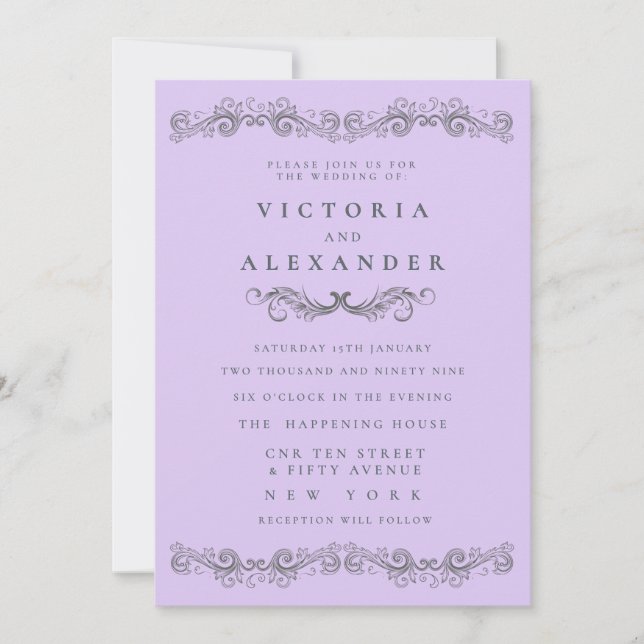 Black Pale Purple Flourish Any Time Wedding Inbjudningar (Framsida)