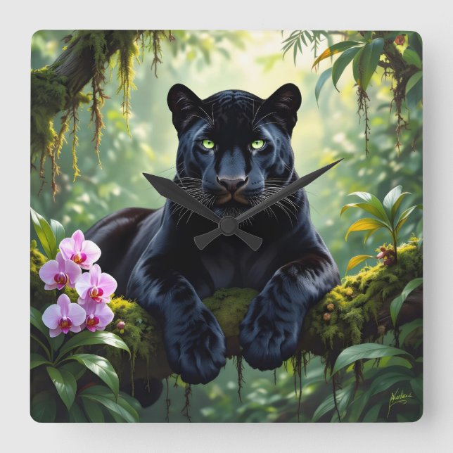 Black Panther in the Jungle Fyrkantig Klocka (Framsida)