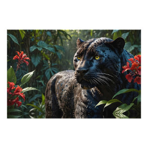 Black Panther - Jaguar i Jungle Red Flowers Fototryck