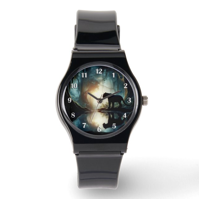 Black Panther reflekterad i Bassäng i Vatten i Jun Armbandsur (Framsida)