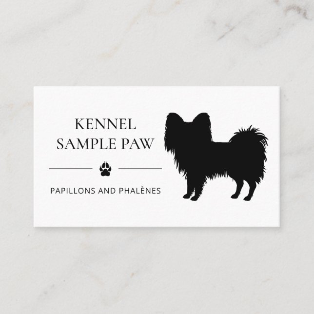 Black Papillon Silhouette Hund Kennel eller Breede Visitkort (Framsida)