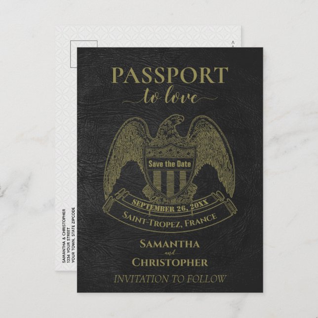 Black Passport Cute Roligt Bröllop spara datum Meddelande Vykort (Fram/baksida)