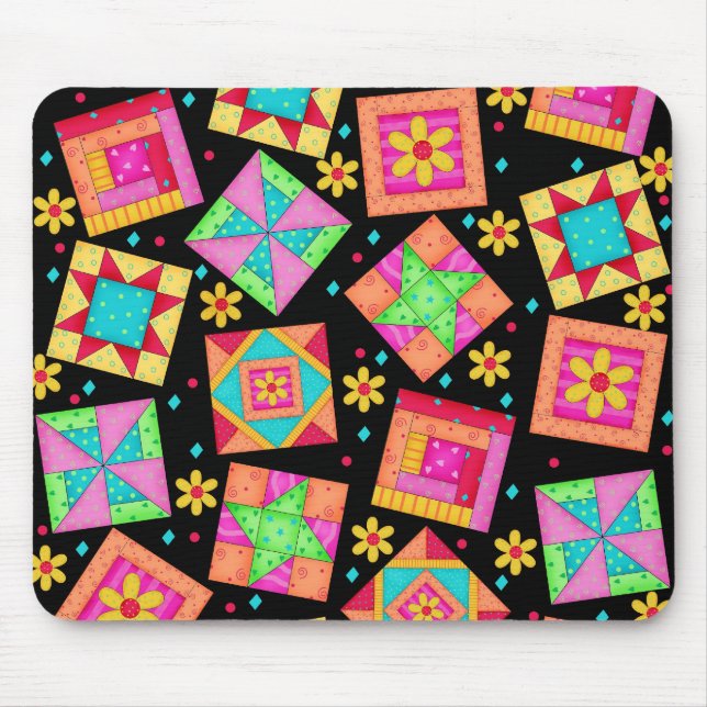 Black Patchwork Quilt Blocks Mousepad Musmatta (Framsidan)